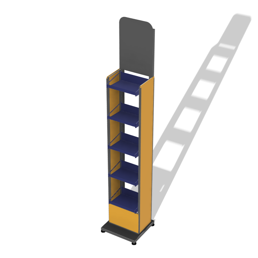 Product Specific Display Stand with Sheet Metal Shelves, Headerboard and Channels for Signage