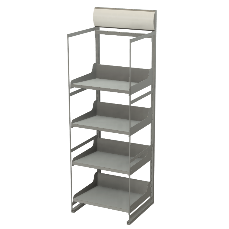 Display Stand with Sheet Metal Shelves and Headerboard